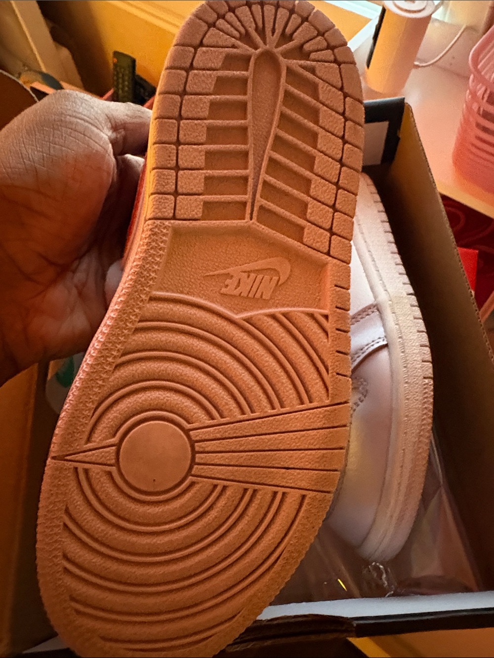 Jordan Kids Sneakers White with Pink Coral and Iridescent Blue Swooshes - Picture 3 of 4